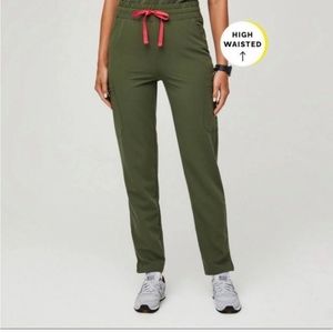 Figs Olive Green High-Waisted Pants with Red Drawstring
